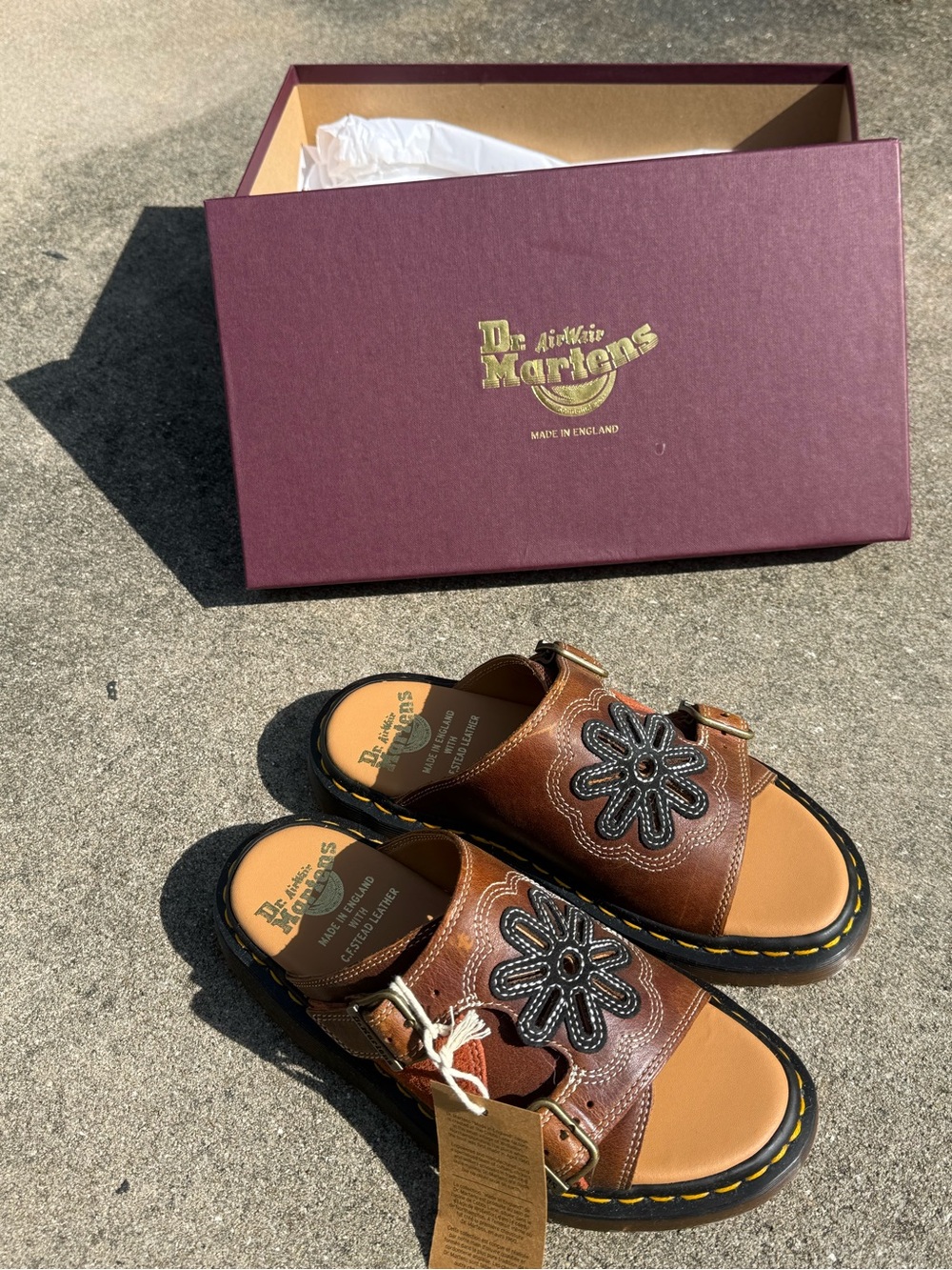 Dr. Martens Brown Leather Flower Buckle Slide Sandals